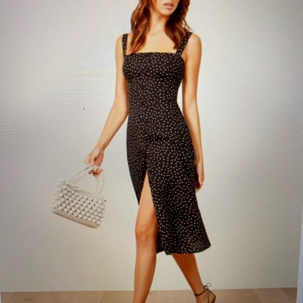 Reformation Persimmon midi dress navy polka dot